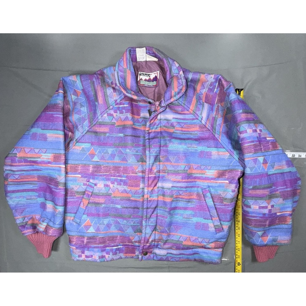 Vintage Walls Mountain Jacket Mens Large Purple Geometric Fleece Bomber USA Ski